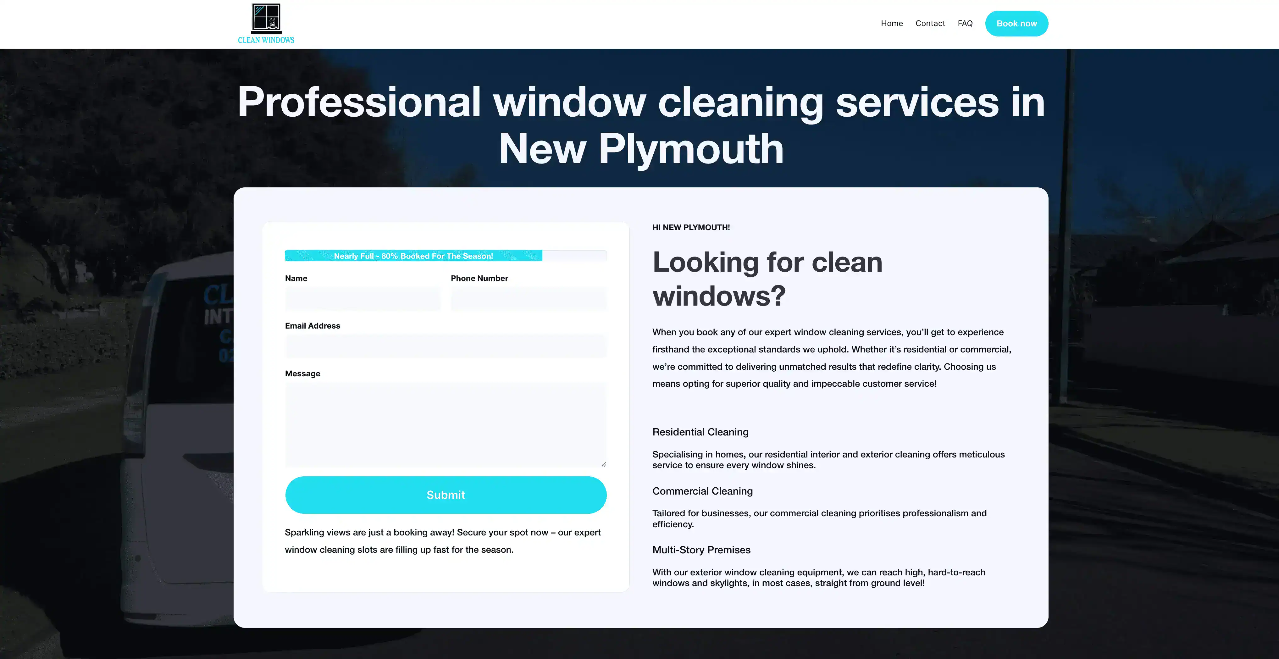 Clean Windows' homepage, headed 'Professional window cleaning services in New Plymouth', with a quote form and its residential, commercial and multi-storey services