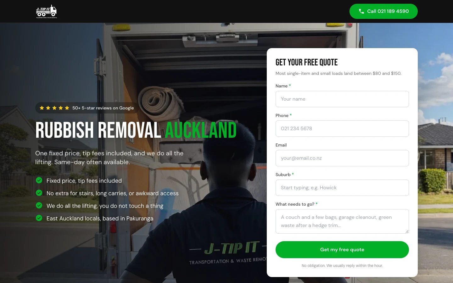 J Tip It's rubbish removal landing page, with the headline, Google reviews, a short quote form and a call button all above the fold
